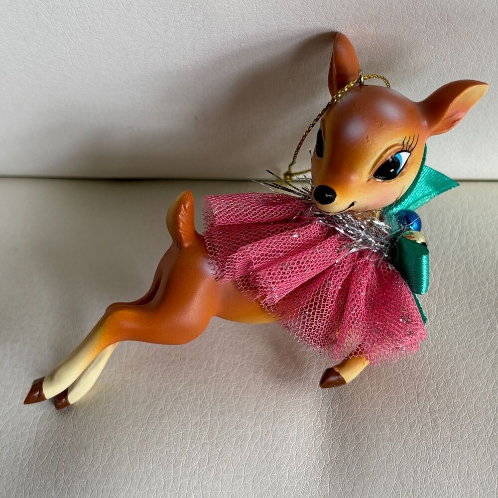 Retro Style Christmas Reindeer Ornament 4.5" Pink Tutu Bells Kitsch Deer